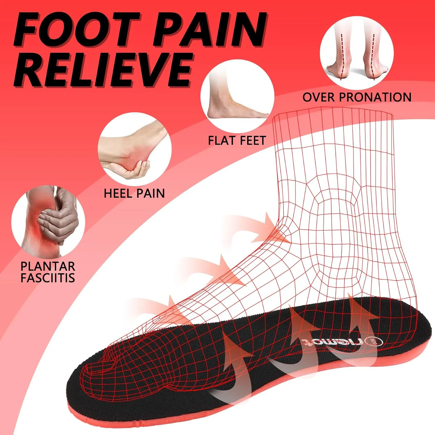 riemot Fitness Running Insoles for Men Comfortable Arch Support Inserts Plantar Fasciitis Relief Insole Cushioning Athletic Gel Insert for Sneakers,Hiking Shoes Black US9.5/ EU42.5
