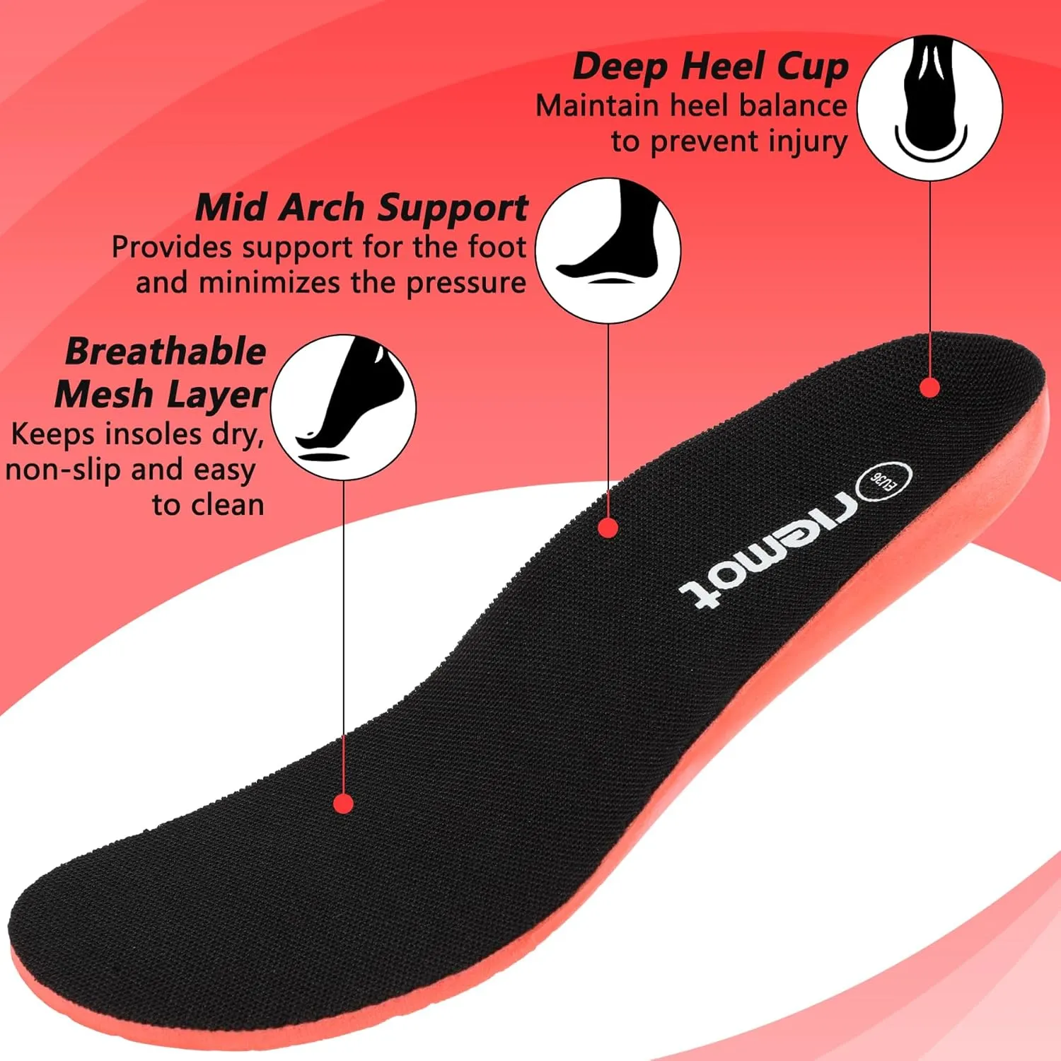 riemot Fitness Running Insoles for Men Comfortable Arch Support Inserts Plantar Fasciitis Relief Insole Cushioning Athletic Gel Insert for Sneakers,Hiking Shoes Black US9.5/ EU42.5