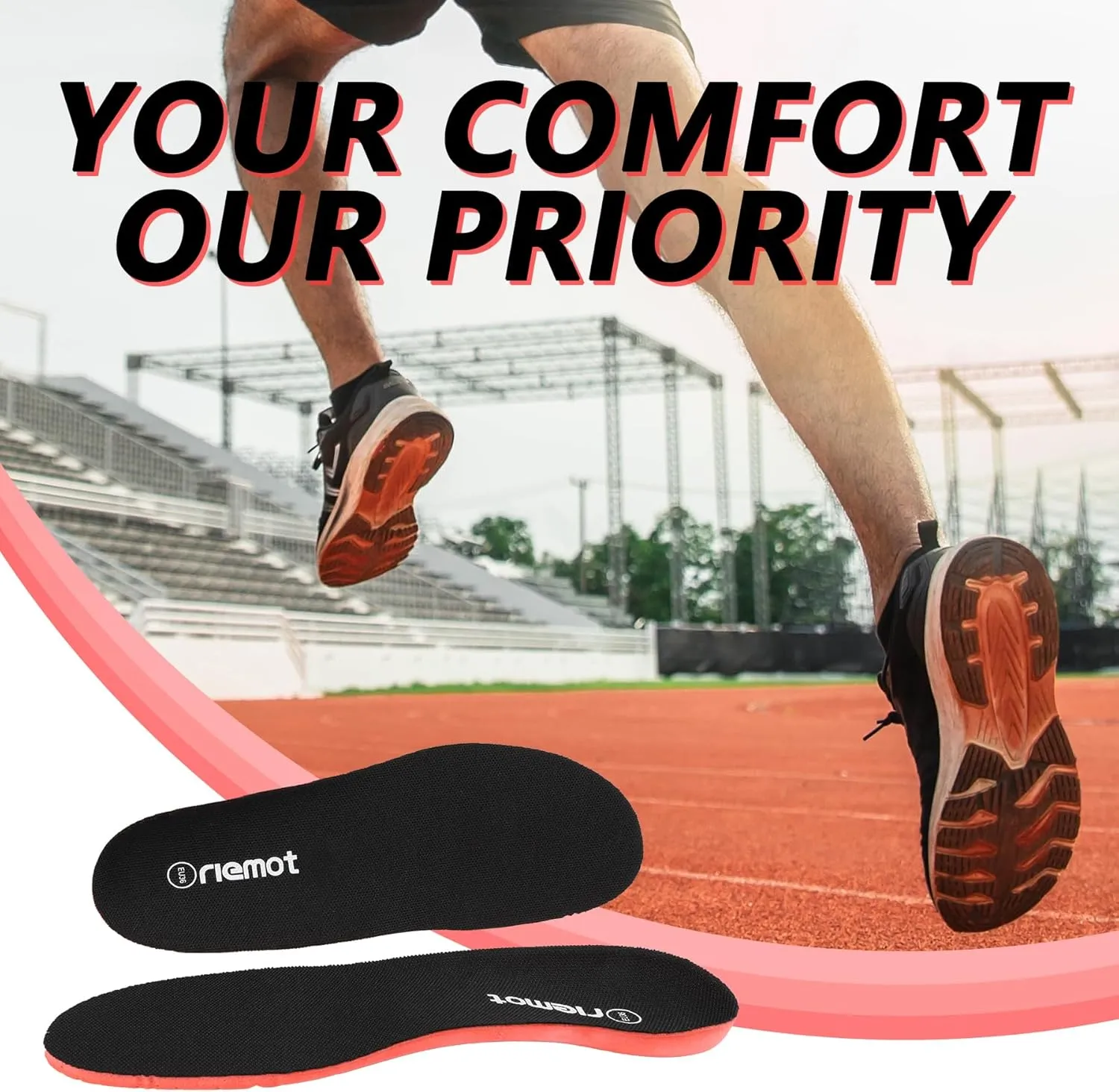 riemot Fitness Running Insoles for Men Comfortable Arch Support Inserts Plantar Fasciitis Relief Insole Cushioning Athletic Gel Insert for Sneakers,Hiking Shoes Black US9.5/ EU42.5