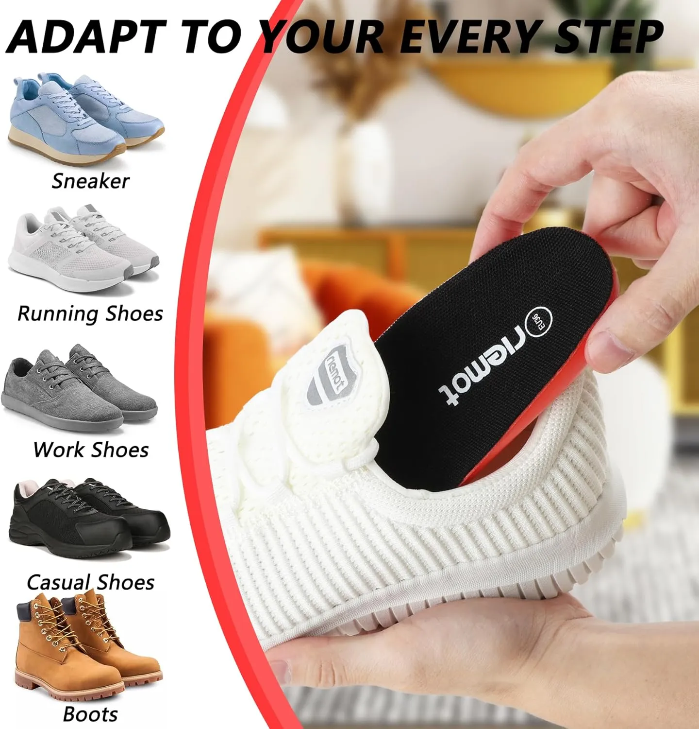 riemot Fitness Running Insoles for Men Comfortable Arch Support Inserts Plantar Fasciitis Relief Insole Cushioning Athletic Gel Insert for Sneakers,Hiking Shoes Black US9.5/ EU42.5