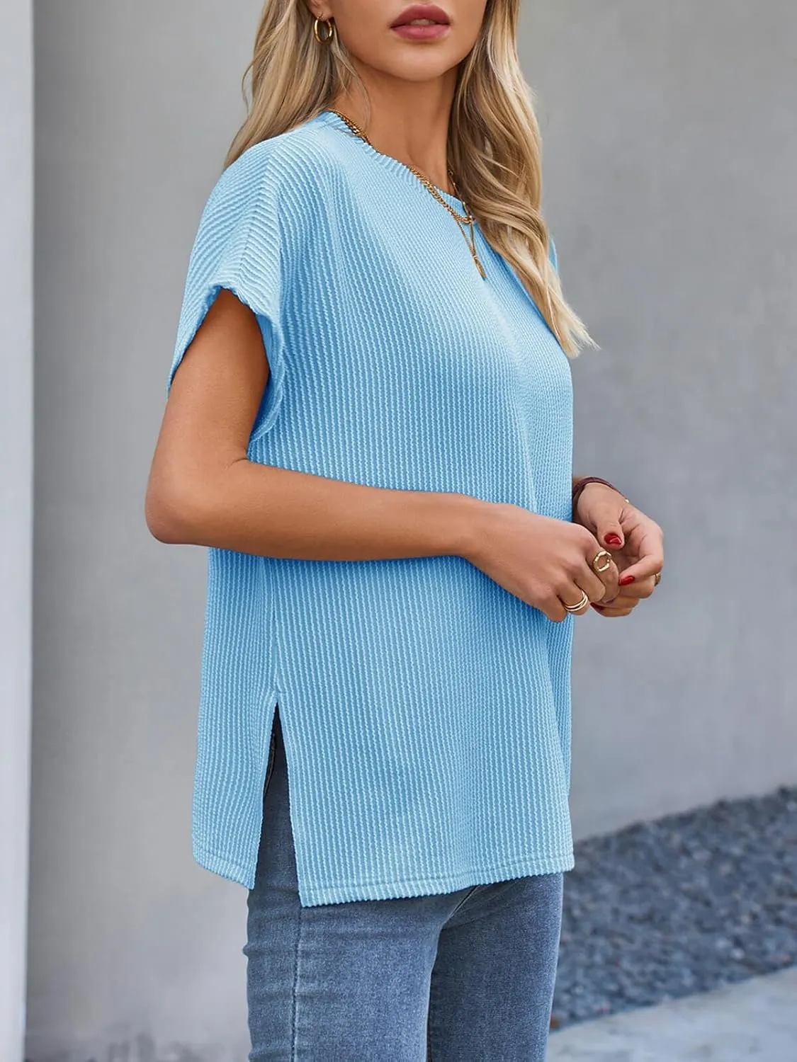 Tankaneo Womens Oversized Short Cap Sleeve Tunic Tops Summer Casual Textured Ribbed Knit T-Shirts Loose Fit Tees