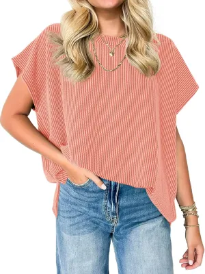 Tankaneo Womens Oversized Short Cap Sleeve Tunic Tops Summer Casual Textured Ribbed Knit T-Shirts Loose Fit Tees