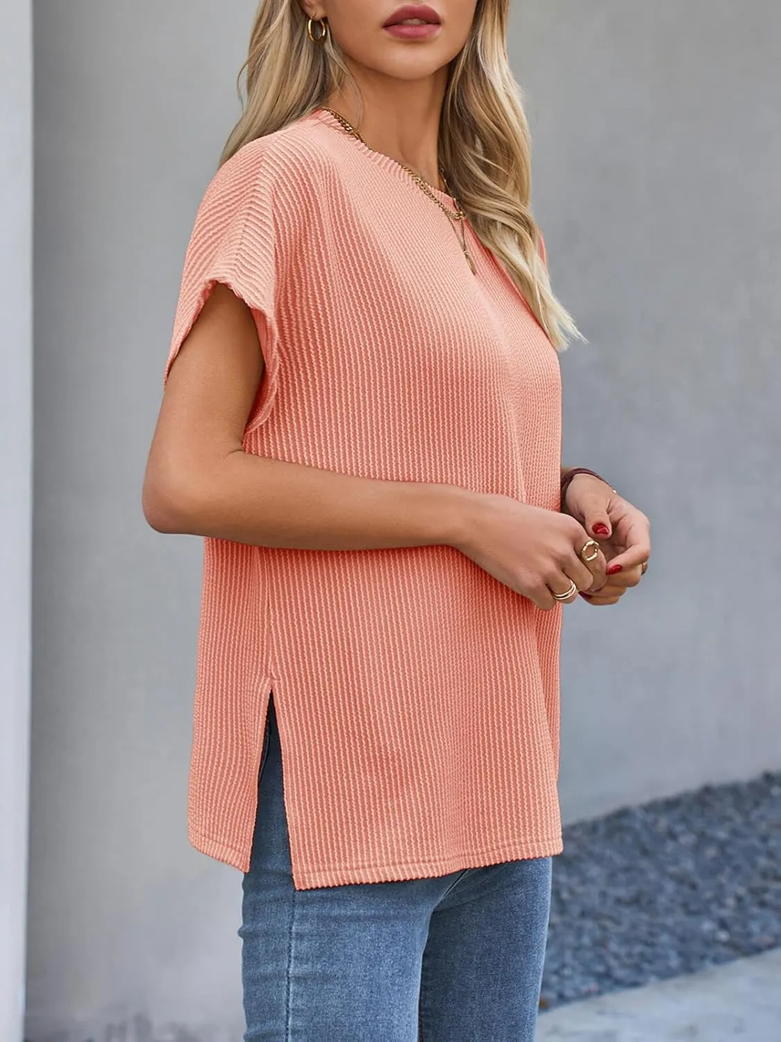 Tankaneo Womens Oversized Short Cap Sleeve Tunic Tops Summer Casual Textured Ribbed Knit T-Shirts Loose Fit Tees