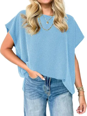 Tankaneo Womens Oversized Short Cap Sleeve Tunic Tops Summer Casual Textured Ribbed Knit T-Shirts Loose Fit Tees